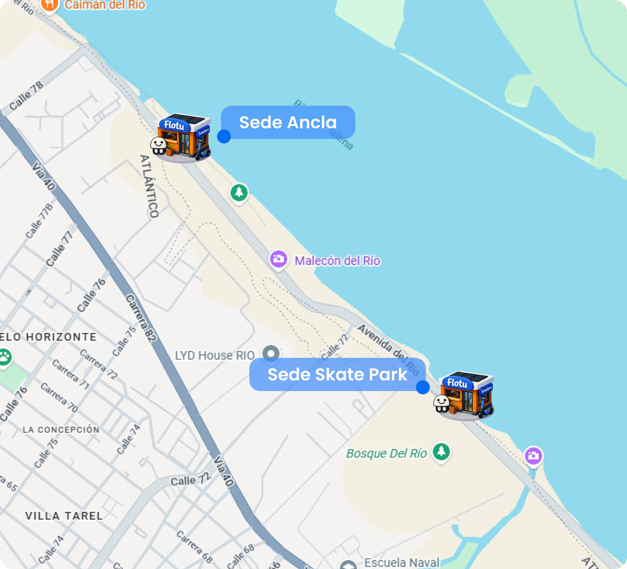 Mapa de ubicaciones de Flotu - Sede Ancla y Sede Skate Park en el Malecón de Barranquilla